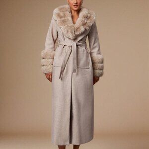 Khaki Elegant Womens Warm faux Fur trimmed belted Jacket  Coat